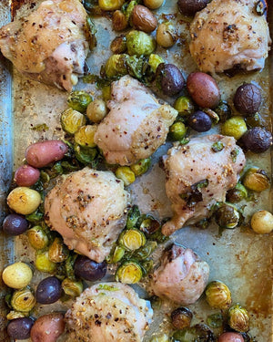 Garlicky Red Pepper Sheet Pan Chicken with Potatoes and Brussels Sprouts