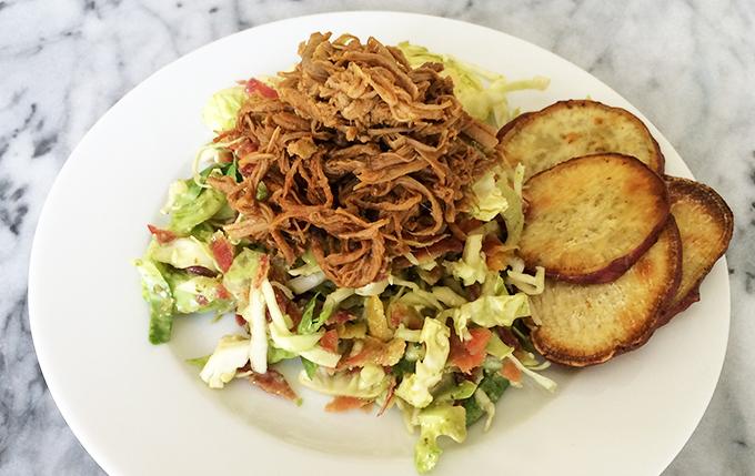 Shredded BBQ Pork with Ranch Slaw and Yam Chips