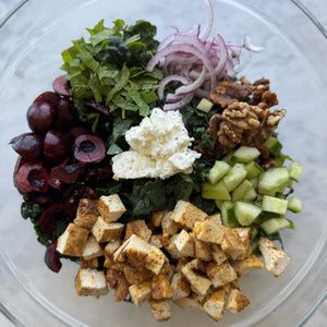 Kale, Cherry, and Goat Cheese Salad with BBQ Chicken