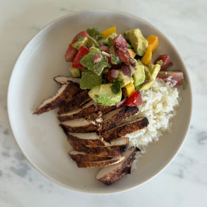 Perfectly Grilled Jerk Chicken with Coconut Rice & Strawberry-Mango-Avocado Salsa